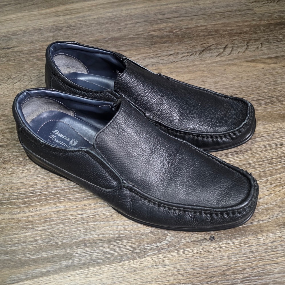 Bata Mens 10 Mocassino Loafers Black‎ Pebbled Leather Slip On Shoes 436